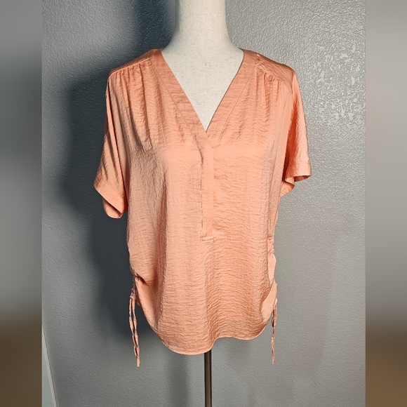 Chicos Peach V-Neck Silky Short Sleeve Blouse - Picture 11 of 16